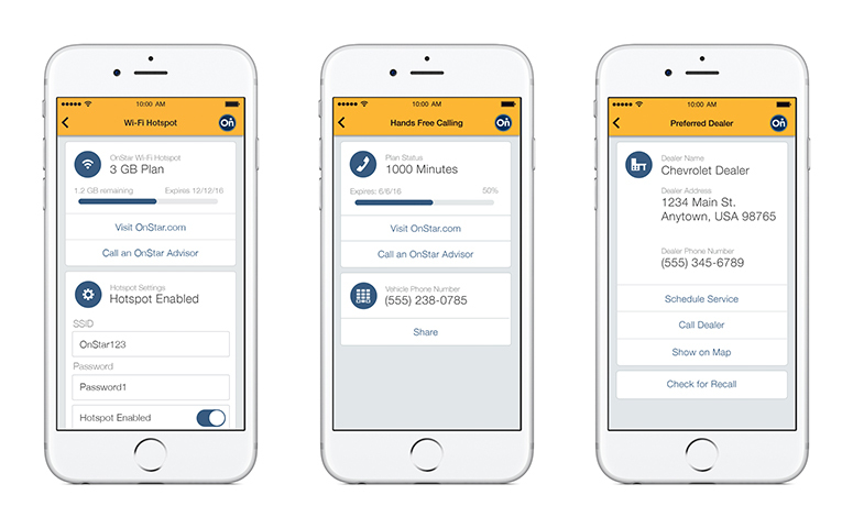 Three vehicle app screens: vehicle Wi-Fi, hands-free calling, and preferred dealer